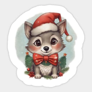 cute little Wolf cub wearing a santa hat Sticker